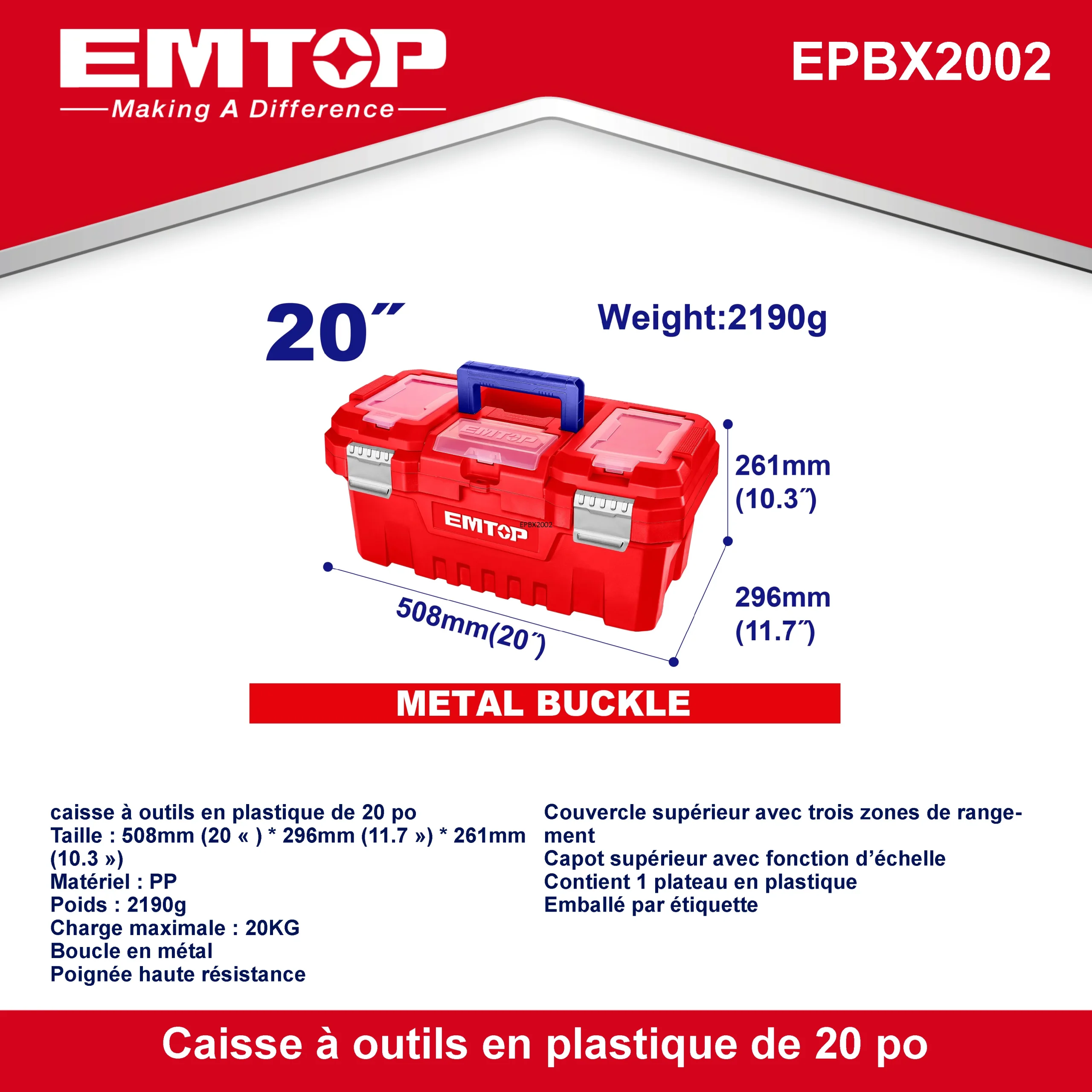 Boîte à outils en plastique EMTOP 20" Charge maximale 20Kg Boucle en métal Poignée haute résistance Couvercle supérieur avec trois zones de rangement Contient 1 plateau en plastique – Image 2